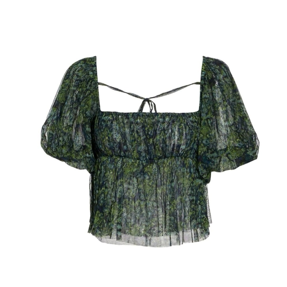 Free People Penelope Babydoll Smocked Mesh Top Blouse in Deep Sea Green Sz‎ S